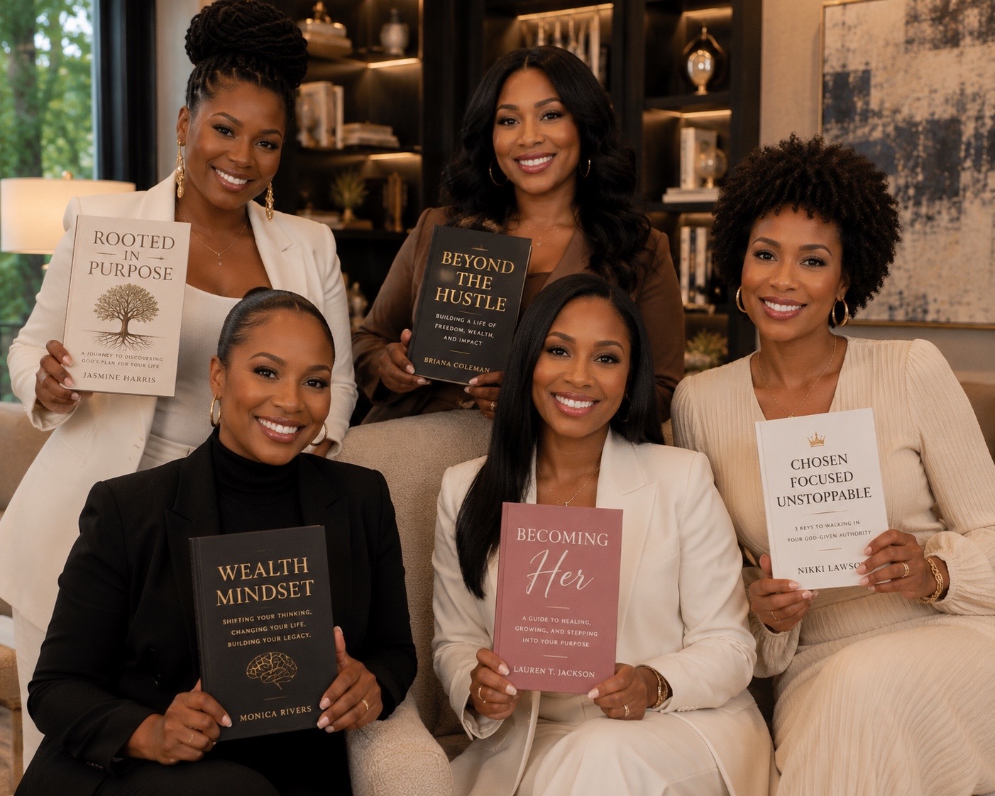 Five women holding books in a warm, elegant setting